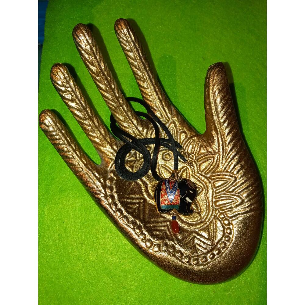Vintage Black Rope Cloisonne Pendant Necklace Puffy Elephant Double Sided - Picture 4 of 5